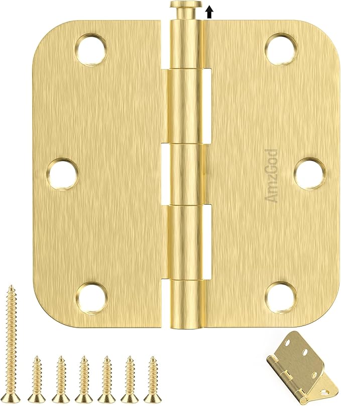 Gold Door Hinges - 3 Pack Satin Brass Door Hinges 3.5 Inch Rounded Interior Door Hinge with 5/8" Radius - 3 1/2 Inches Brushed Brass Hinges for Residential Standard Doors