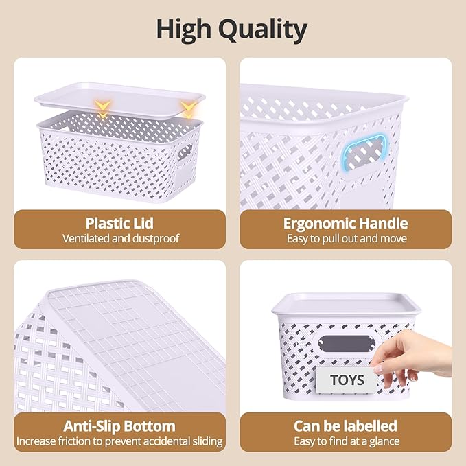 Plastic Storage Bins with Lid, Stackable Small Box Basket for Organizing and Containers for Shelves Drawers Desktop Closet Playroom Pantry Classroom Office Home, 8-pack 10.2"x7.2"x4.1" Lavender