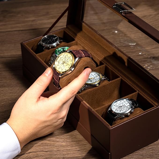 ProCase Watch Box, 6 Slot Watches Display Case with Drawer, Mens Watch Case with Glass Lid, 2-Layer Mens Jewelry Organizer Storage Holder, Birthday Valentine Gifts for Men -6 Slot, Espresso