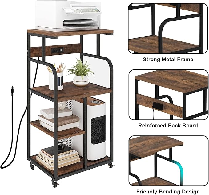 VEDECASA Large Printer Stand Cart with Charging Station USB Port 21.2"x15.7"x42.3" Rolling Tall 3-Tier Printer Stand with Adjustable Shelf Storage Home Office