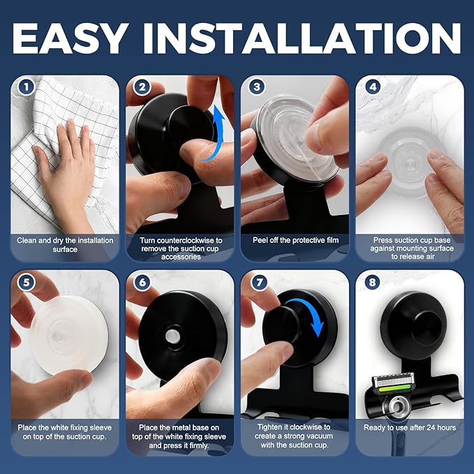 Suction Cup Razor Holder for Shower,Heavy-Duty 7KG Suction Hooks for Razor,Towel,Loofah,Removable Damage-Free Metal Shower Hook,Shaver Holder,2 Pack(Matte Black)
