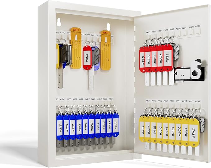 Grimtron Key Lock Box for Keys with Code, Key Box Wall Mount Cabinet, Resettable Combination Lock, 40 Keys, Beige
