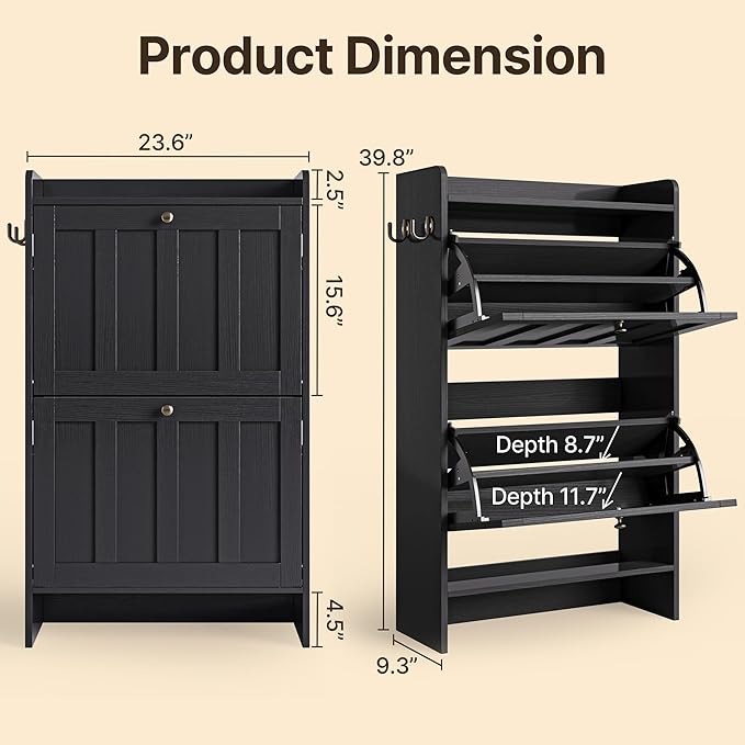 Gizoon Shoe Cabinet with Open Storage, Shoe Storage Cabinet for Entryway, Freestanding Narrow Rack with 2 Flip Drawers, Space-Saving, for Hallway, Black