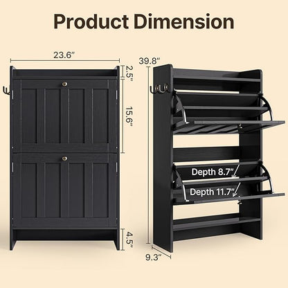 Gizoon Shoe Cabinet with Open Storage, Shoe Storage Cabinet for Entryway, Freestanding Narrow Rack with 2 Flip Drawers, Space-Saving, for Hallway, Black