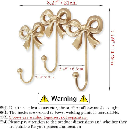 Small Bow Wall Hook,Gold Wall Mounted Functional Hooks,Antique Gold Cast Iron Hook for Coats,Bags, Bath Towels,Room Decorations,Girls Room,Bathroom,Office(Three-Bows Hooks:8.27x5.59 inches)
