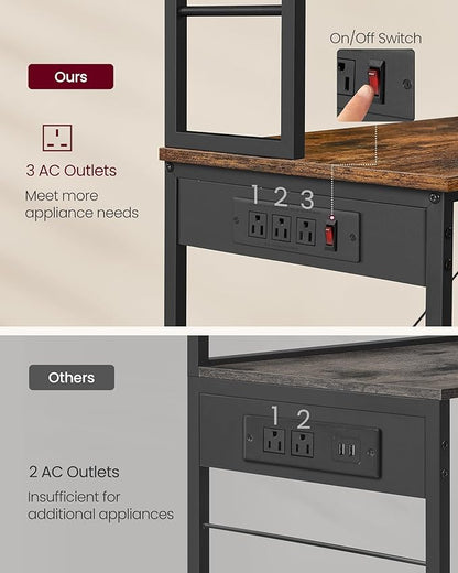 VASAGLE Bakers Rack with Power Outlet, 23.6 Inches Coffee Bar for Kitchen with Storage, 6-Tier Kitchen Shelves with 6 Hooks, Microwave Stand, Industrial, Rustic Brown and Ink Black UKKS124K03