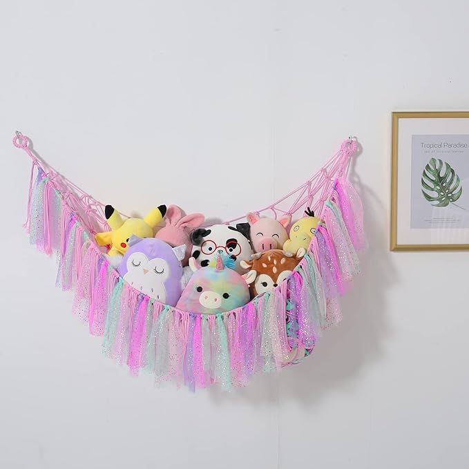 Stuffed Animal Storage Macrame Boho Plush Toy Net Hammock for Stuffed Animals with Light Pet Net for Stuffed Animals Corner Hanging Stuffed Animal Holder Teddy Bear Net for Kids Room (Shiny Pink)