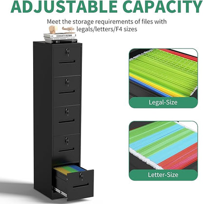 File Cabinet 5 Drawer with Lock, Vertical Filing Cabinets for Home Office, Metal Steel Storage Cabinet for Letter/Legal Size File, Assembly Required(Black)