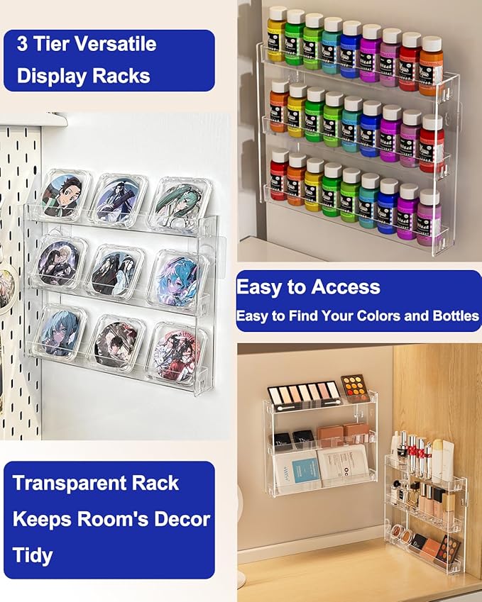 2Pack 3 Tier Display Rack, Clear Paint Rack Wall-Mount (No Drill), Acrylic Craft Paint Storage Organizer, Miniature Holder for 2oz Bottle, Nail Polish Organizer, Badges, Mini Figures (2)