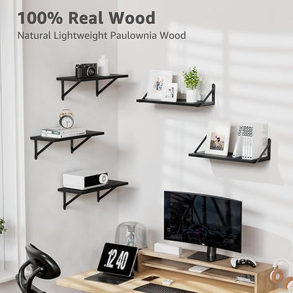 Wall Shelves 7.3" Deep Set of 3, Solid Paulownia Wood Wider Longer Sturdy Easy to Install Wall Mounted Bookshelves Storage Shelves Bathroom Home Office Laundry Room Bedroom Organizer Black