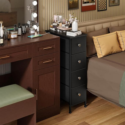 Fixwal Narrow Storage Cabinet, Small Dresser with 4 Drawers, Slim Fabric Dresser Storage for Small Spaces, Black Nightstand Side Table for Bedroom, Bathroom, Laundry, Closet, Dorm