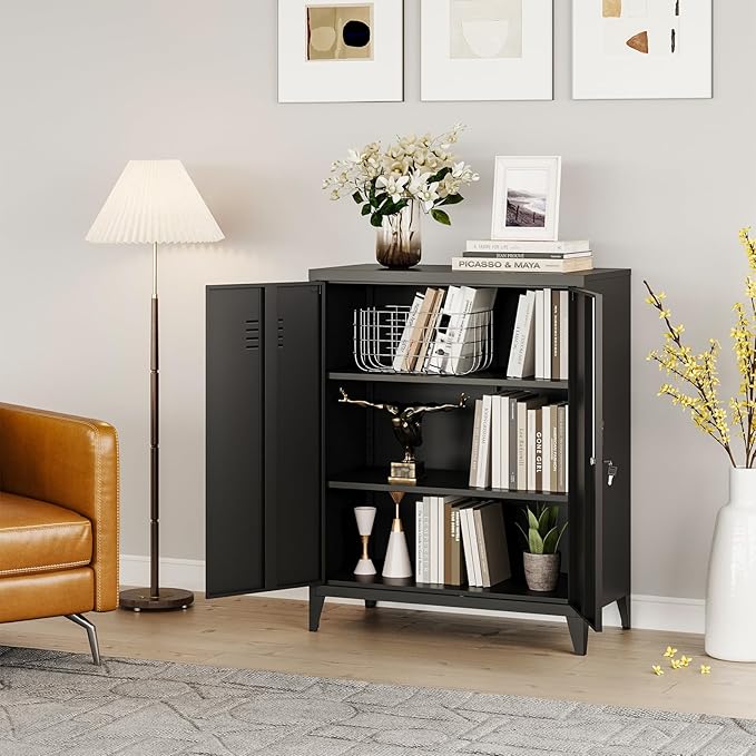 MIIIKO Metal Locker with 2 Doors, Metal Storage Sideboard Accent Cabinets for Kitchen, Pantry, Home Office and Garage
