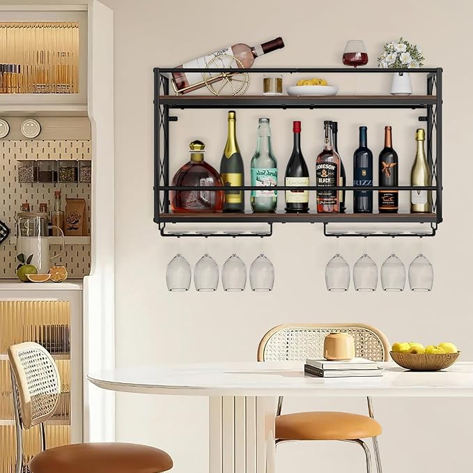 Wine Rack Wall Mounted 2 Tier Wall Wine Rack with Glass Holder, Double Layer Anti-Drop Crossbar, 31.5" Metal Wood Wall Mount Wine Holder for Home Kitchen Dining Room Coffee Shop Bar, Black