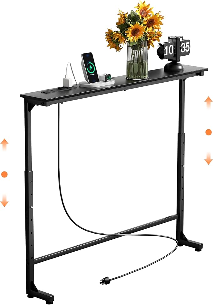 GRLEAF 45" Adjustable Height Narrow Console Table with Power Outlets, Long Sofa Table with Charging Station Behind Couch Table Skinny Entryway Table for Living Room, Hallway and Office – Black