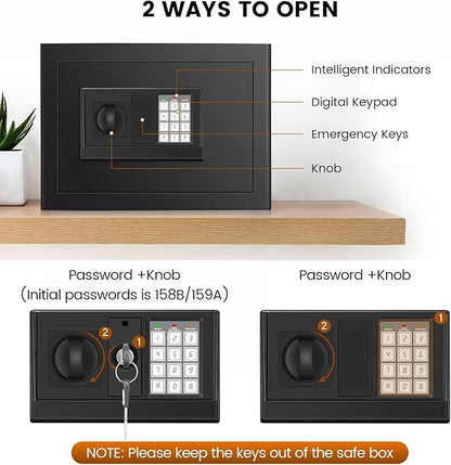 Safe Box, Fireproof Home Safe with Fireproof Waterproof Bag, 9.84 Inches Tall Anti-Theft Digital Security Lock Box with Smart Alert System, Removable Shelf, Mute Function, Document Safes for Jewelry