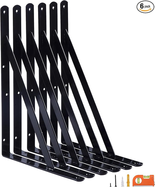 6-Pack 16 Inch Heavy Duty Shelf Brackets, Large Wall Bracket for Floating Shelves, 90 Degree Triangle Large L Bracket, Black Powder-Coated Steel