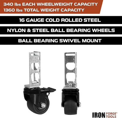 Iron Forge Tools Rolling Storage Rack Caster Wheels Heavy Duty - Set of 4 Locking Caster 3 Inch 1360 lb. Capacity for Boltless Self Locking Shelving Racks, Nylon and Steel Ball Bearing Wheels