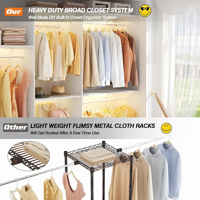 Armocity 96'' Closet System, 8FT Walk In Closet Organizer with 3 Shelving Towers, Heavy Duty Bedroom Wardrobe with 5 Shelves, Wall Mounted Clothes Rack (Can Be Cut To Fit), 96"L x 16"W x 75"H, White