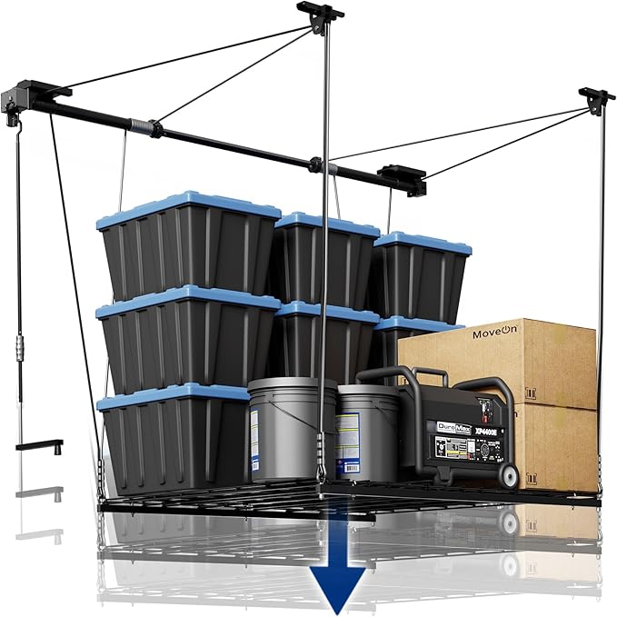 FLEXIMOUNTS GL1 Overhead Garage Lifting Storage Rack, 4x4 Ft Heavy-Duty Metal Garage Ceiling Rack, Adjustable Organization System With 71''L Axle, 350lbs Weight, Black