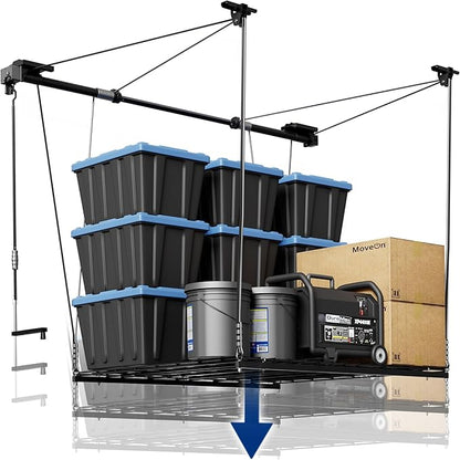 FLEXIMOUNTS GL1 Overhead Garage Lifting Storage Rack, 4x4 Ft Heavy-Duty Metal Garage Ceiling Rack, Adjustable Organization System With 71''L Axle, 350lbs Weight, Black