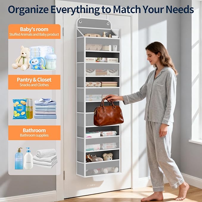 Yecaye 6 Tier Over the Door Organizer, 52.8lbs Capacity Door Organizer Hanging with 12 Mesh Pockets, Behind the Door Storage for Closet Baby Nursery Bathroom Bedroom,and Dorm