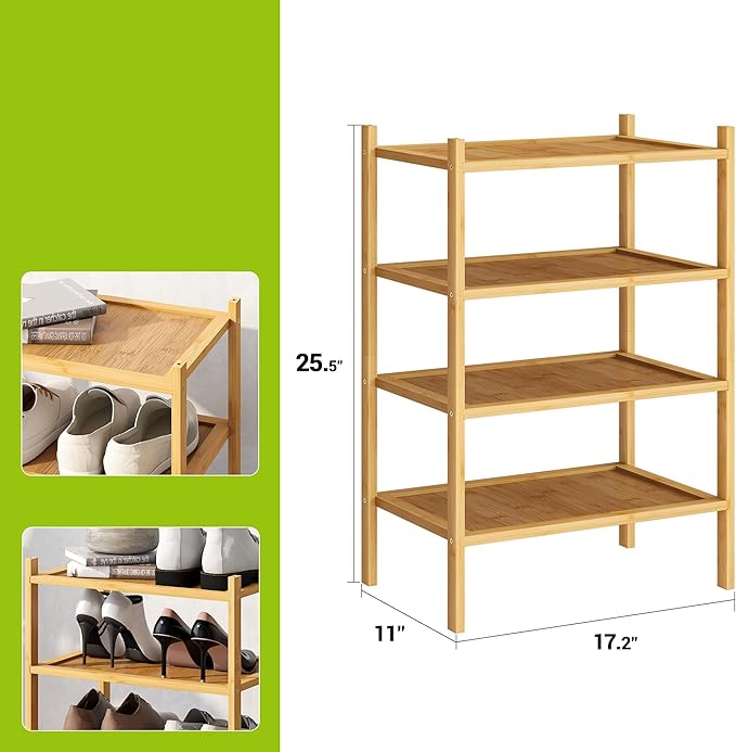 BMOSU 4-Tier Bamboo Small Shoe Rack Premium Stackable Shoe Shelf Storage Organizer for Hallway Closet Living Room Entryway Organizer(Natural)