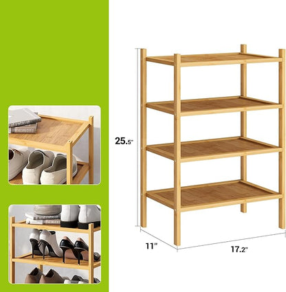 BMOSU 4-Tier Bamboo Small Shoe Rack Premium Stackable Shoe Shelf Storage Organizer for Hallway Closet Living Room Entryway Organizer(Natural)
