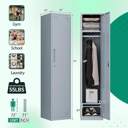 Letaya Metal Locker for Employees,71" Tall Steel Storage Cabinet with 1 Door Lock for School Office Gym Home Staff (1 Door -Gray)