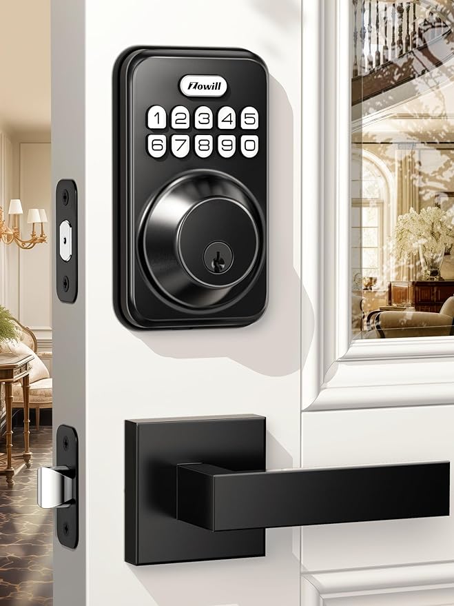 Zowill Keyless Entry Door Lock with 2 Lever Handles, Zowill Electronic Keypad Deadbolt, Auto-Locking, Anti-Peeping Password, Digital Code Door Lock, Front Door Handle Sets, Matte Black