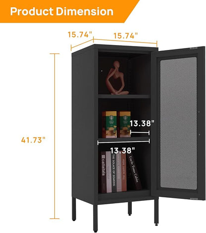 Slim Metal Storage Cabinet with Mesh Doors - 42'' Tall Narrow Organizer Tower, Compact Freestanding Cabinet, Versatile Utility Storage for Home, Office, Bedroom, or Kitchen, Durable and Modern Design