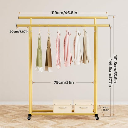 Abiglifty Double Rods Clothes Rack for Hanging Clothes, Clothing Rack with Wheels, Portable Closet Organizer for Laundry, Room (Gold)