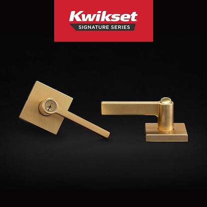 Kwikset Halifax Entry Door Handle with Lock and Key, Secure Keyed Reversible Lever Exterior, for Front Entrance and Bedrooms, Satin Brass, Pick Resistant Smartkey Rekey Security and Microban