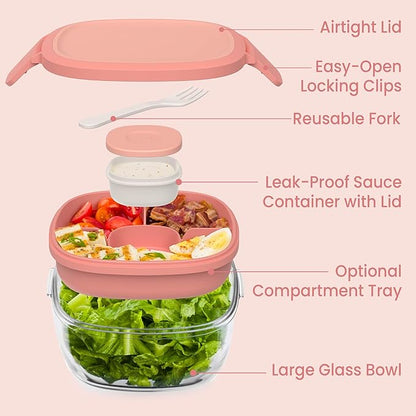 Bentgo Glass Salad Container - 7.6-Cup Salad Bowl with Airtight Lid, Leak-Proof Sauce Container, 4-Compartment Bento Tray & Reusable Fork - BPA-Free for Meal Prep, Office & More (Coral)