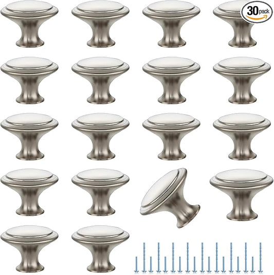 JOY DECOR 30 Pack Brushed Nickel Cabinet Drawer Hardware 30mm Kitchen Cabinet Knobs Drawer Pulls with Installation Screws for Dressers Kitchens Cupboard