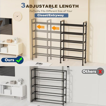 Mavivegue 5-Tier 19"-43.3" Adjustable Shoe Rack for Closet,Expandable Shoe Rack, Hall Entryway,Front Door,Garage, Sturdy Steel Space-Saving Rack, Black