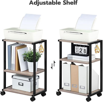 HOOBRO Mobile Printer Stand, 3-Tier Printer Cart Under Desk with Storage, Industrial Adjustable Rolling Cart, Sturdy Little Table on Wheels for Home Office BG28PS01N1