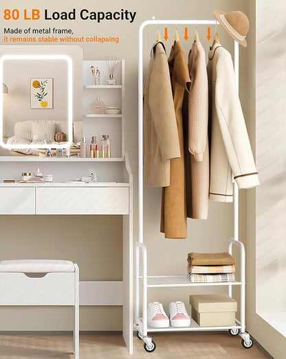 AOODA Small Clothes Rack with Shelves, Metal Sturdy Rolling Clothing Racks for Hanging Clothes, Portable Garment Rack with Wheels for Shirts, Coats, Shoes, Bags (White)