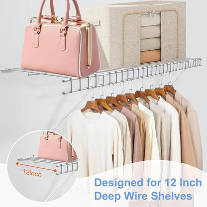 12 Inch Wire Shelf Brackets Set - Heavy Duty Steel Shelf Support Kit (3 Brackets + 6 Clips + 2 Ends) for Closet, Wall Mounted Storage Rack