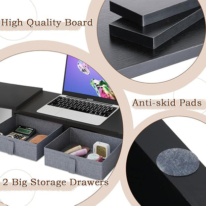 TEAMIX Wood Dual Monitor Stand Riser with Drawers-Length and Angle Adjustable Triple Monitor Stand with Storage Large Computer Riser for 2/3 Monitors/Laptops/PC/Printers