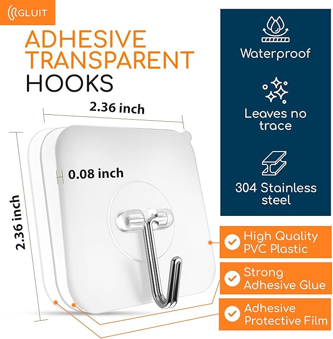 GLUIT Adhesive Wall Hooks for Hanging Heavy Duty 22 lbs Hooks for Walls No Drill, Towel Sticky Clear Hook, Waterproof, Home, Bathroom, Kitchen, Office, and Outdoor 12 Pack