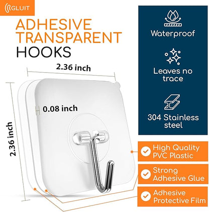 GLUIT Adhesive Wall Hooks for Hanging Heavy Duty 22 lbs Hooks for Walls No Drill, Towel Sticky Clear Hook, Waterproof, Home, Bathroom, Kitchen, Office, and Outdoor 6 Pack