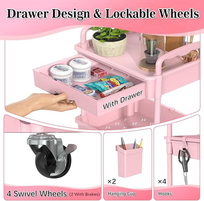 4 Tier Rolling Utility Cart with Drawer, Storage Organizer Cart with 2 Lockable Wheels, Multifunctional Rolling Storage Cart for Bathroom, Kitchen, Craft, Makeup, Baby Essentials, Pink