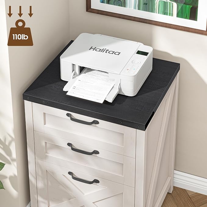 3 Drawer Small File Cabinet, Farmhouse Vertical Filing Cabinet Fits Letter and A4 Size, Under Desk Wooden File Cabinets for Home Office, Printer Stand, White and Black