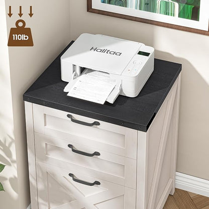 3 Drawer Small File Cabinet, Farmhouse Vertical Filing Cabinet Fits Letter and A4 Size, Under Desk Wooden File Cabinets for Home Office, Printer Stand, White and Black