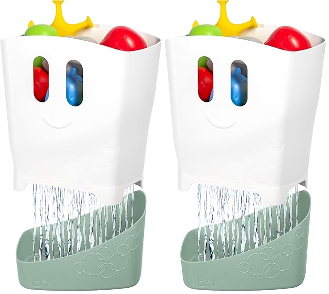 Ubbi Freestanding Bath Toy Organizer Bath Caddy with Removable Drying Rack Bin & Scoop for Toddlers + Baby, Sage (Pack of 2)