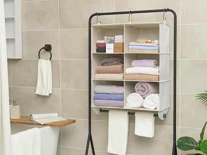 StorageWorks Hanging Closet Organizer with Metal Rod, 6-Section Closet Organizers and Storage, Collapsible Hanging Shelves for Baby Clothes, Shoes, Sweater Storage, Ivory and White