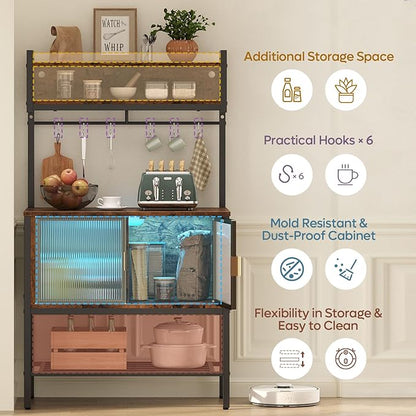 Bestier Coffee Bar with Storage, 5 Tier Microwave Stand with LED Lights, Kitchen Bakers Rack with Cabinet, Heavy Duty Storage Shelves for Kitchen Garage Pantry(Rustic Brown)