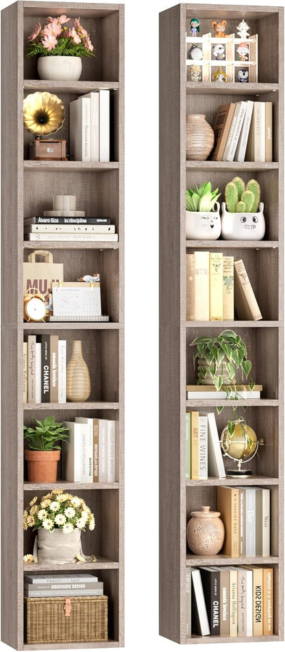 FOTOSOK 2 Pcs 71'' Tall Narrow Bookshelf, 8-Tier Media Tower Rack Set of 2, CD DVD Storage Cabinet with Adjustable Shelves, Tall Narrow Bookcase Skinny Display Bookshelf Slim Shelf, Oak