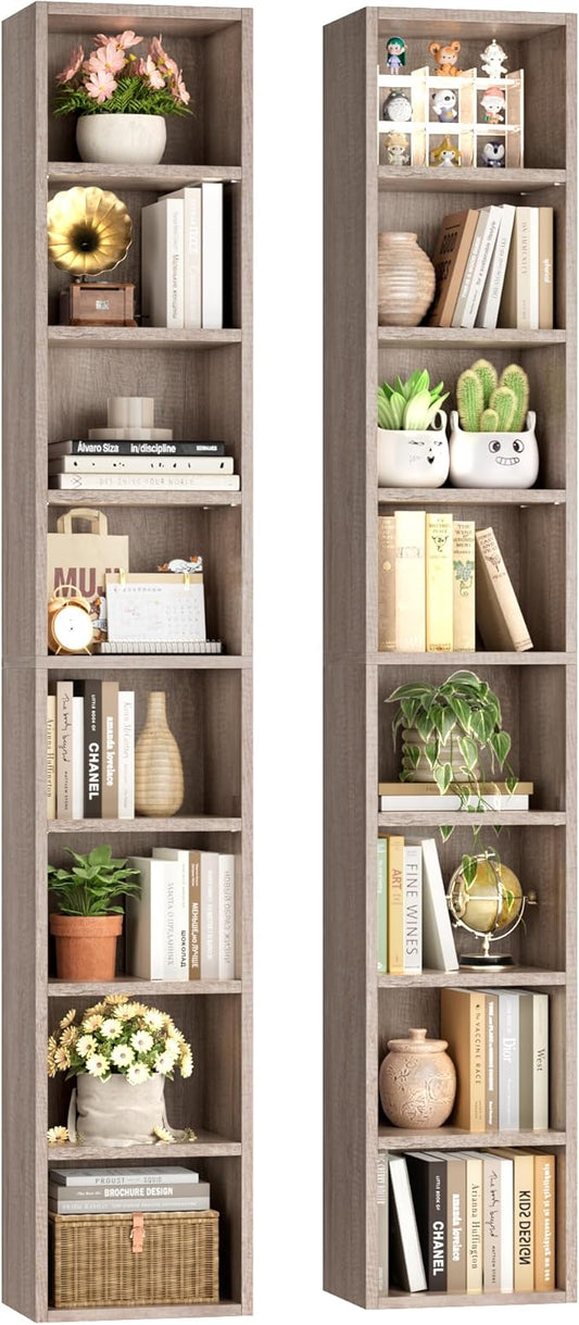 FOTOSOK 2 Pcs 71'' Tall Narrow Bookshelf, 8-Tier Media Tower Rack Set of 2, CD DVD Storage Cabinet with Adjustable Shelves, Tall Narrow Bookcase Skinny Display Bookshelf Slim Shelf, Oak