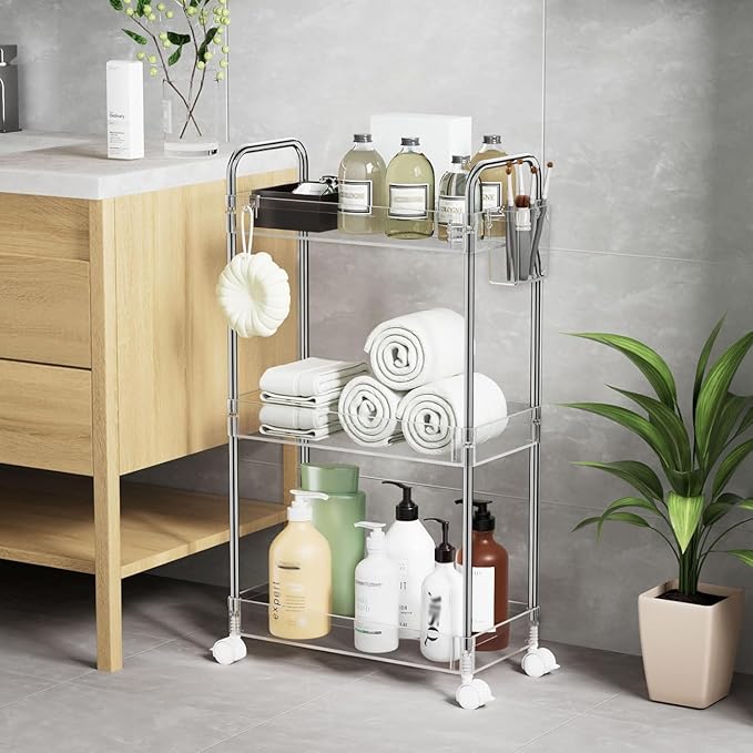 SPACEKEEPER 3 Tier Acrylic Storage Rolling Cart Clear Bathroom Cart Organizer, Transparency Laundry Room Organization Mobile Shelving Unit Multifunction Rolling Utility Cart for Office Living Room